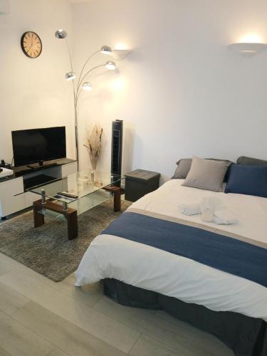 une chambre avec un lit et une télévision à écran plat dans l'établissement joli studio près de la mer, à Mandelieu-la-Napoule