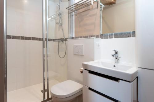 a bathroom with a shower and a toilet and a sink at 8 - Seigneurie Fouquet - Tousquet in Le Palais