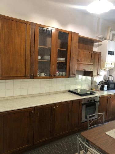 a kitchen with wooden cabinets and a counter top at Casa JEANMARC in Moneglia
