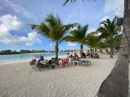 a group of people sitting on a beach with palm trees at Luxury Villa Pool and BBQ in San Juan Lakes Los Colales RD in Punta Cana