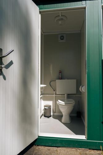 a bathroom with a toilet and a green door at Camping de Heemtuin in Tripscompagnie