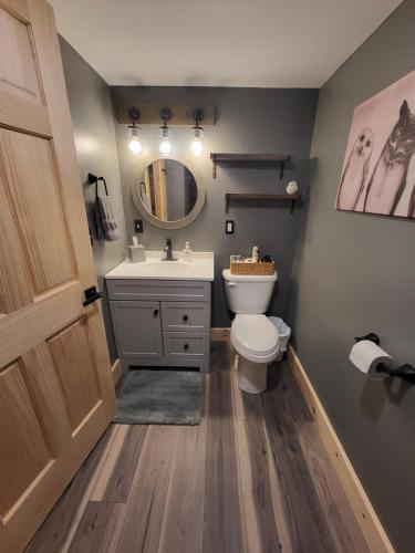 a bathroom with a toilet and a sink and a mirror at Moosewood Inn in Saint Ignace