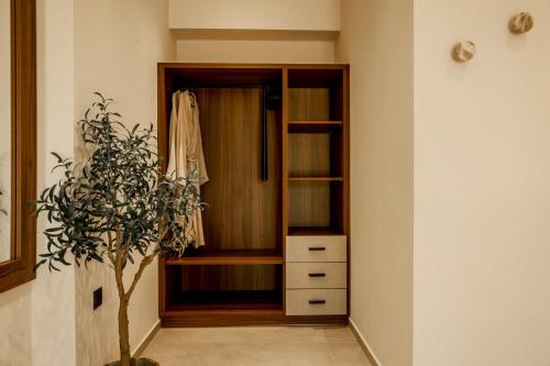 a room with a closet with a plant in it at Boutique Hotel Caramel in Syvota