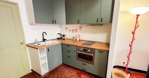 a small kitchen with green cabinets and a sink at Hypercentre - Proche Place St Didier in Avignon