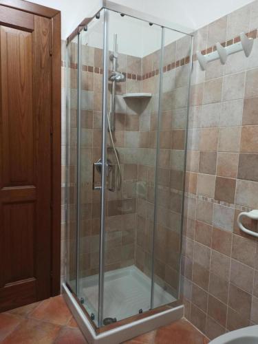 a shower with a glass door in a bathroom at Mar y Sol San Teodoro Lu Fraili in Nuragheddu