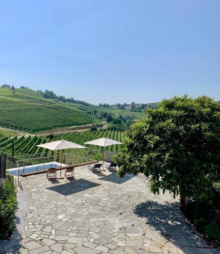 a patio with tables and umbrellas in front of a vineyard at A casa dei Nonni in Neive