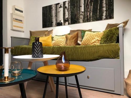 a living room with a green couch and two tables at appartement cosy in Saint-James