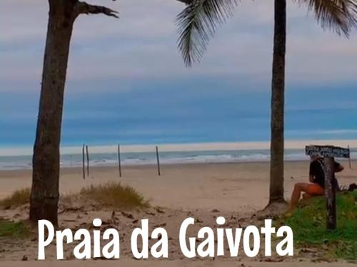 a beach with two palm trees and the ocean at Sobreposta beira praia Lulumar in Itanhaém