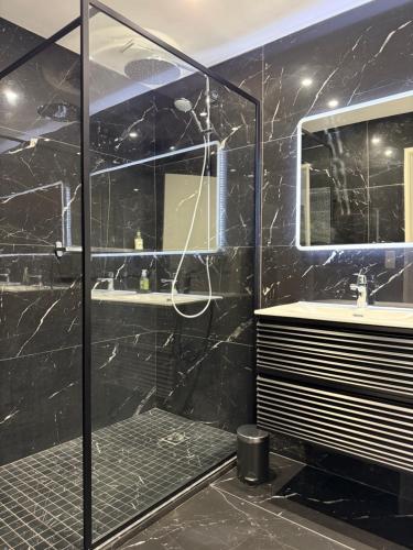 a black bathroom with a shower and a sink at Escale moderne et chaleureux in Auxerre