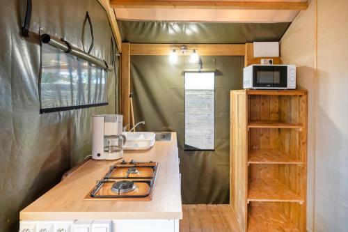 a tiny kitchen with a stove and a counter top at Lodge 2 - Domaine Des Landes in Lesperon