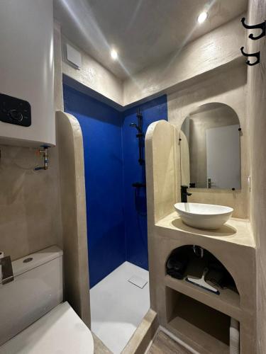 a bathroom with a sink and a blue wall at Studio 4 Aux volets bleus in Aulus-les-Bains