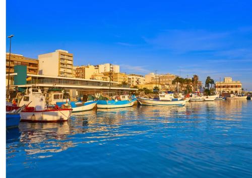 Un grupo de barcos están atracados en un puerto en Apartamento Las Olas Santa Pola, en Santa Pola