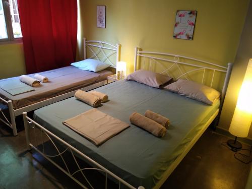 two twin beds in a bedroom with a lamp at Plaka - Acropolis comfort rooms in Athens