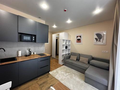 a living room with a couch and a kitchen at Smart House Apartments in Lviv