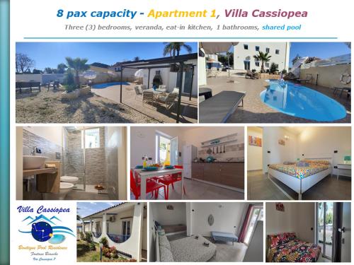 a collage of pictures of a resort with a pool at Pool Seaside Relais - VILLE Ninfea, Marea, Rosa e Cassiopea in Fontane Bianche