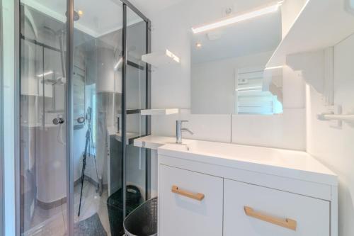 un bagno bianco con lavandino e doccia di Le Clos de Verpierre - Appart avec Jardin a Regny
