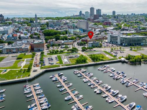 an aerial view of a marina with boats docked at Hôtel particulier du marché in Quebec City