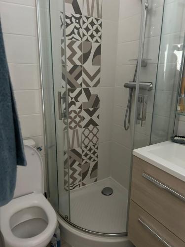 a bathroom with a shower with a toilet and a sink at Cottage, private terrace in La Rochelle in La Rochelle