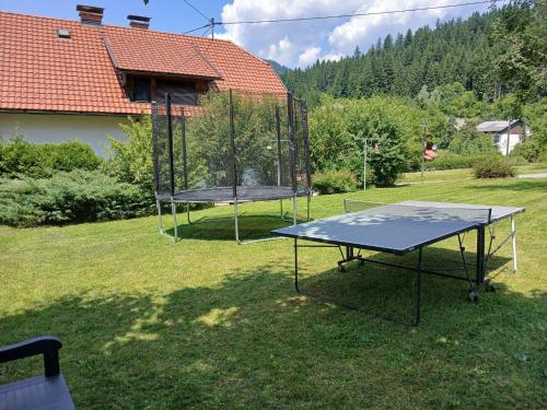 a ping pong table in the yard of a house at Pension & Apartments Weissbriach in Weissbriach