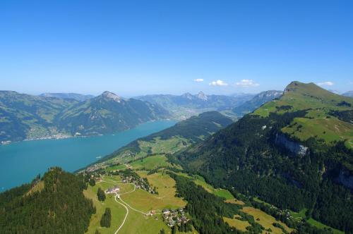 an aerial view of a lake and mountains at Superior Hotel Nidwaldnerhof in Beckenried