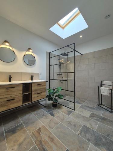 a bathroom with a shower and a sink and mirrors at L'Enclos de Nathalie et Jacques in Rieux-Minervois