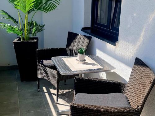 a table and chairs with a potted plant on a patio at RELAX LUX AKVA PARK 2(K-KOMPLEX) in Jagodina