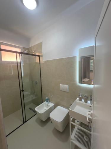a bathroom with a toilet and a sink and a shower at Hotel Familja Çuni Theth in Theth
