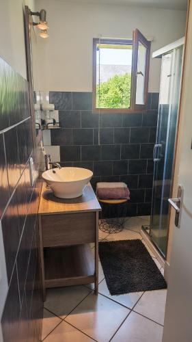 une salle de bain avec un lavabo et une douche en verre dans l'établissement Maison de vacances Valuejols, à Valuéjols