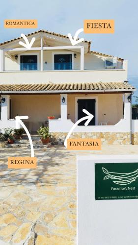 a house with the names of its properties at Paradises's Nest in Agios Georgios