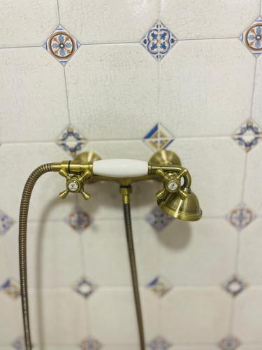 a shower head with a hose attached to a wall at House of Warmth in Bagdatʼi