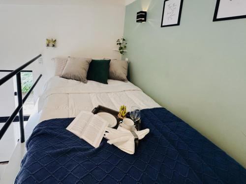 a bedroom with a bed with a blue comforter at Loft Aconchegante & bem localizado V in Feira de Santana