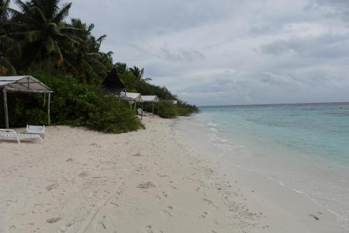 a beach with chairs and umbrellas and the ocean at Stay Kora in Thinadhoo