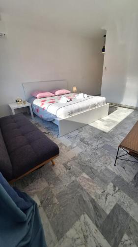 une chambre avec un lit et un canapé dans l'établissement L Alicante Carré d'Or 2 pieces Terrasse Climatise, à Menton