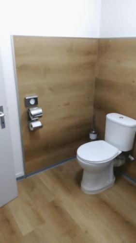 a bathroom with a white toilet and a wooden wall at Hotel Rheinfall in Neuhausen am Rheinfall