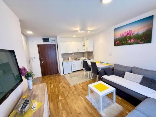 a living room with a couch and a tv and a table at Mirabela Apartman Sokobanja in Soko Banja
