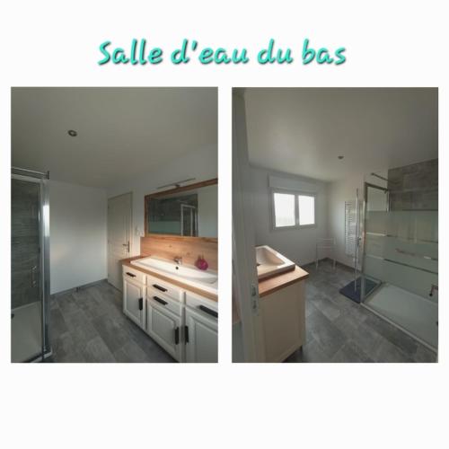 - deux photos d'une salle de bains avec un lavabo et une douche dans l'établissement La maison du Vicomte, à Varennes