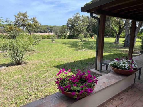 two baskets of flowers sitting on a porch at Villa Capinera, intera casa con parco privato in Punta Ala