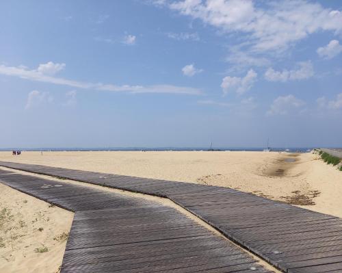 - une promenade en bois sur une plage donnant sur l'océan dans l'établissement Charmant appartement bord de mer, à Arcachon