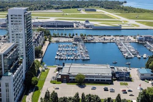 an aerial view of a marina with boats in the water at Ent District 3 Bedroom 2Bath Parking CN Tower in Toronto