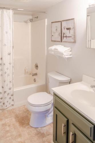 a white bathroom with a toilet and a sink at Downtown Lakefront Hideaway in Burlington