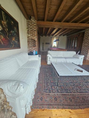 a living room with white couches and a rug at B&B Il Posto delle Rose in Almenno San Salvatore
