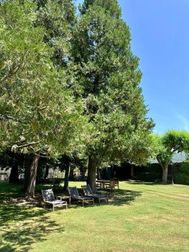 a group of chairs sitting under trees in a field at Torre de las Águilas, Bellver, Puigcerdá in Bellver de Cerdanya 
