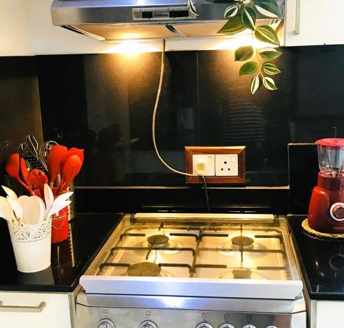 a kitchen with a stove top oven in a kitchen at Horizon View Mountain Bliss in Kandy