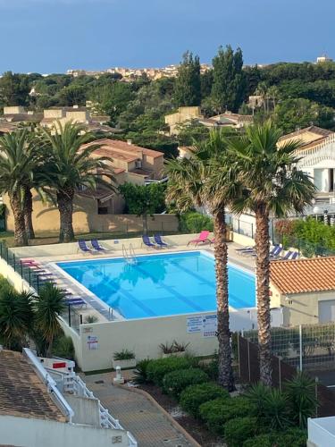 - une vue sur la piscine bordée de palmiers dans l'établissement Village naturiste Appart B Port Soleil, au Cap d'Agde