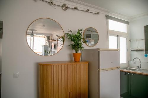 kuchnia z lustrem i rośliną na szafce w obiekcie Apartment Calle Larga w mieście Fuengirola