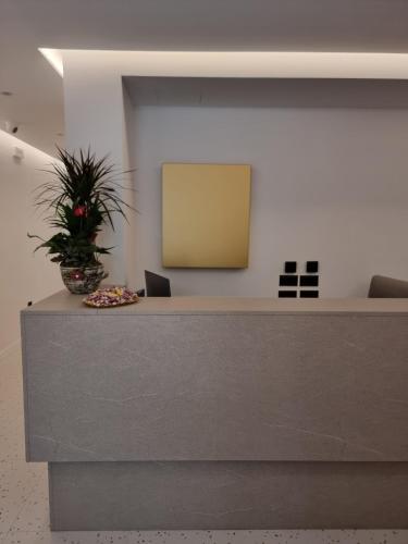 a reception desk in an office with a plant at Palorto Inn in Gjirokastër