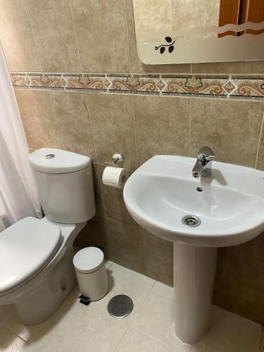 a bathroom with a toilet and a sink at La Vega Rooms in Huelva