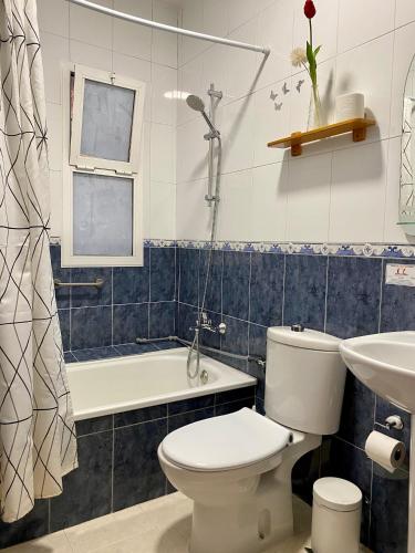 a bathroom with a toilet and a tub and a sink at La Vega Rooms in Huelva