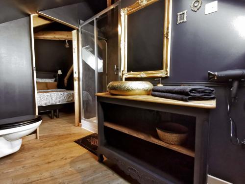 圣洛LES CLES DES REMPARTS - Appartement privé à thème tout équipé - Atypique - Centre Saint-Lô - Gare - Haras - Parking public gratuit - Entrée autonome - Wifi - Netflix - TV XXL - Lit 160x200的浴室配有带镜子的梳妆台和卫生间。