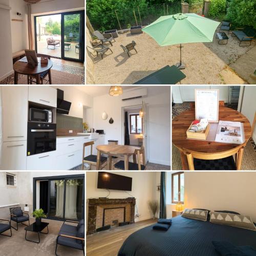 a collage of pictures of a bedroom and a living room at Evasion T2 avec terrasse in Saint-Didier-sur-Chalaronne